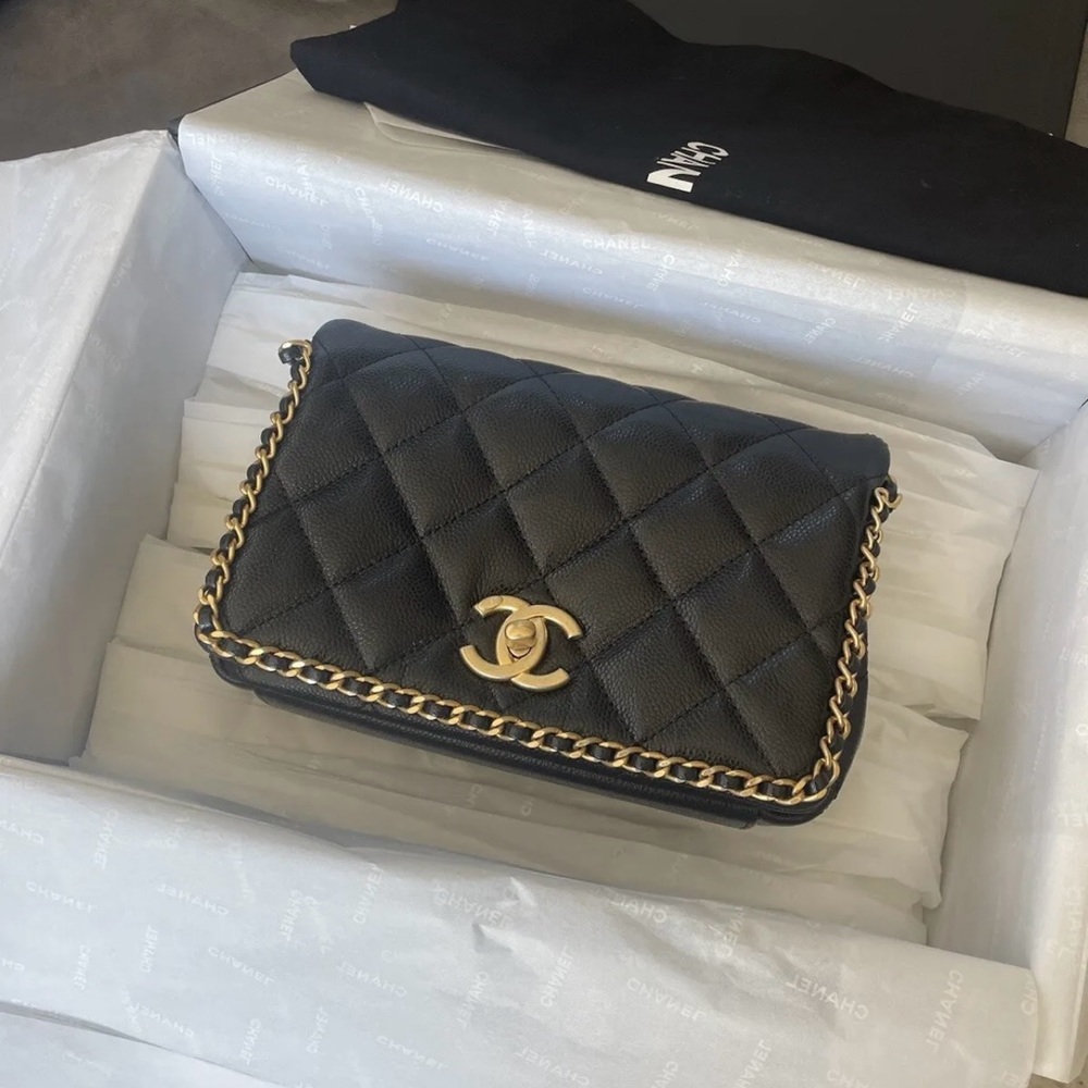 CHANEL Flap Bag Gold Double Chain All Around Bag 22B Quilted Black Caviar  CC
